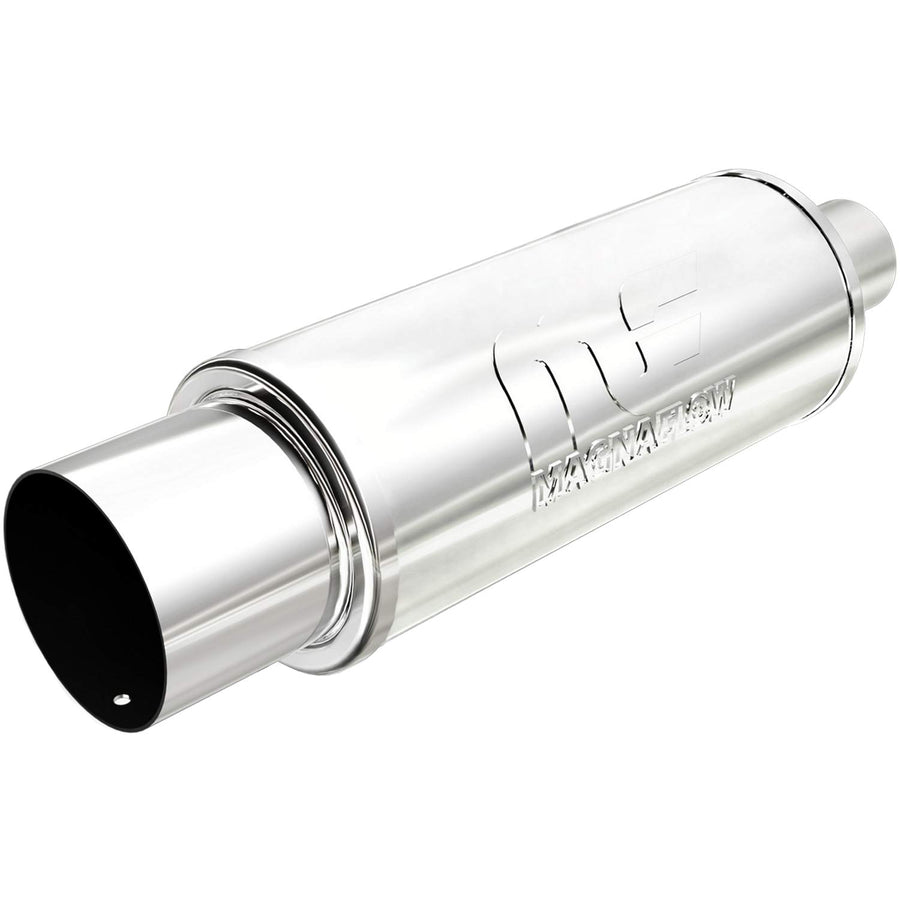Performance MagnaFlow Exhaust Muffler 14857: 2.25"/4" Inlet/Outlet, 5x5x14" Round, Stainless Steel, Brushed Finish