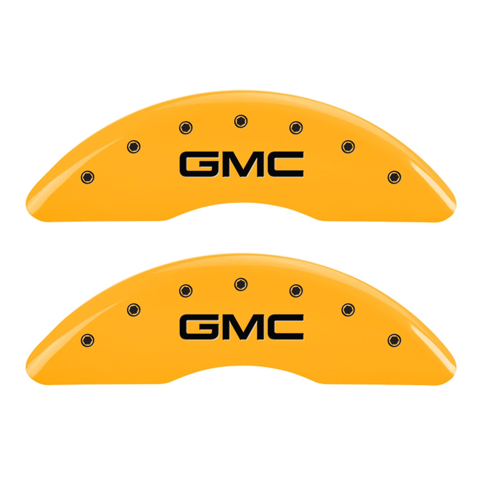 Caliper Covers MGP 34003SGMCYL Yellow (Set of 4, Engraved Front and Rear: GMC, Yellow powder coat finish, black characters)