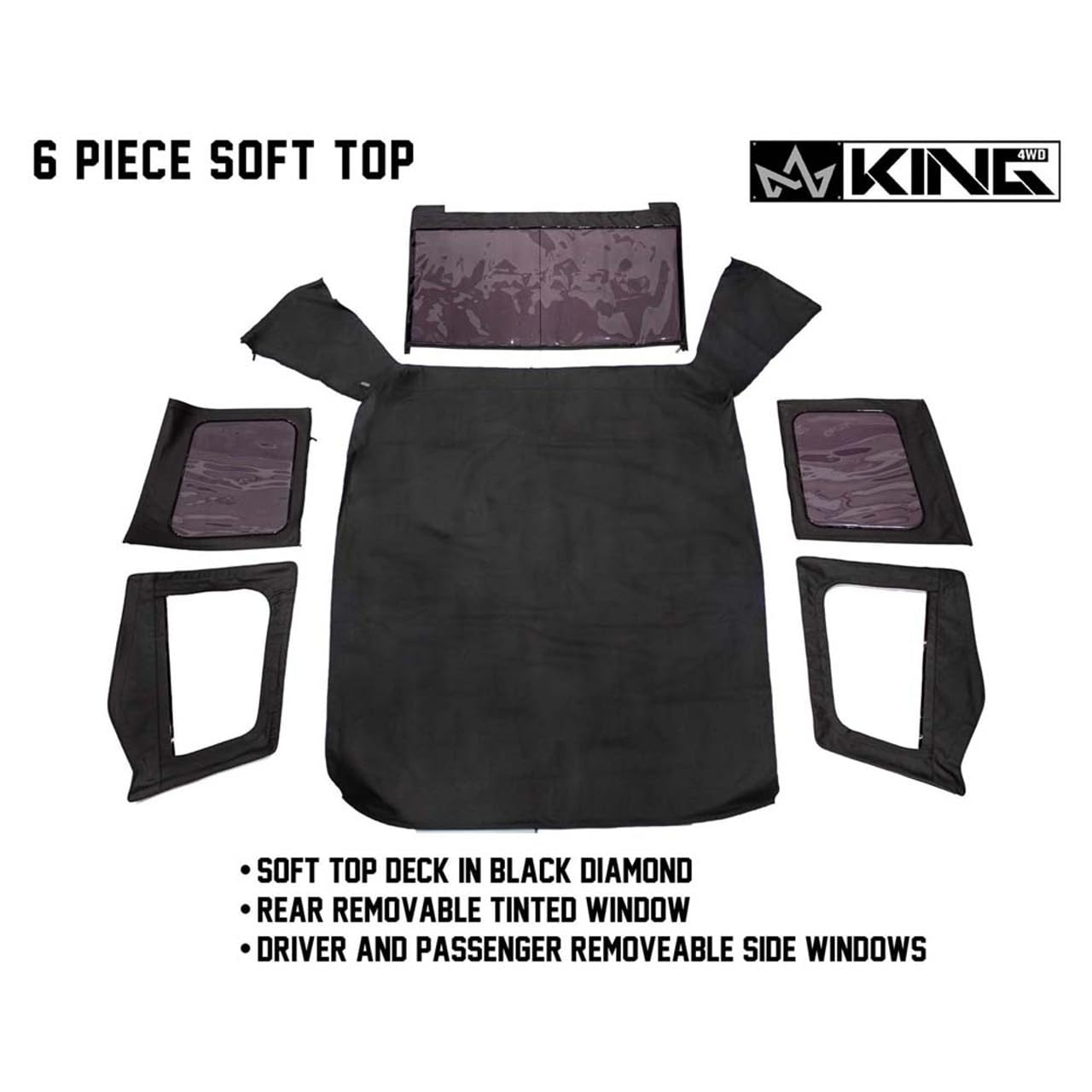 4WD King Premium Replacement Soft Top in Black Diamond Material with Clear Upper Doors and 31% Tinted Windows Suitable for Jeep Wrangler YJ 1987-1995
