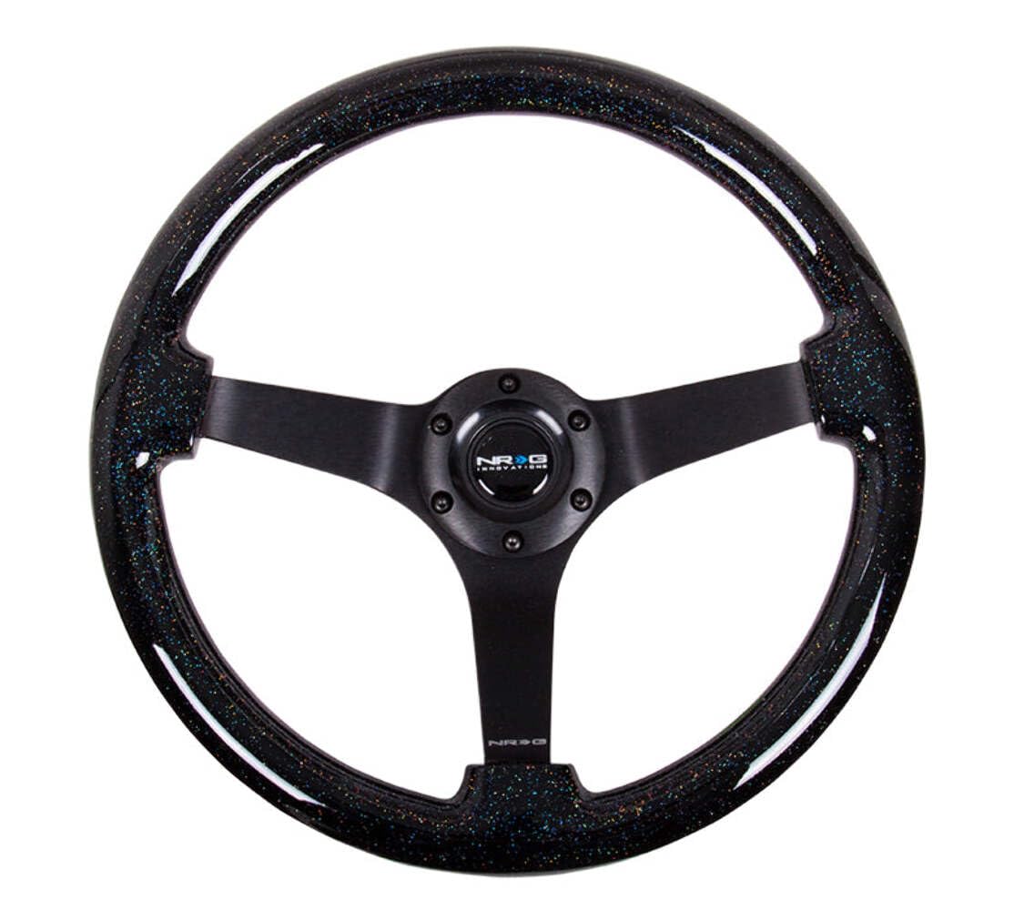 NRG Innovations Reinforced NRG-RST-036BSB-BK Steering Wheel - Classic Black Sparkled Wood Grain Wheel (3" Deep, 4mm), 350mm, 3 Solid Spoke Center in Black