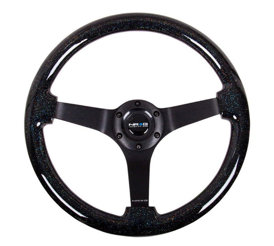 NRG Innovations Reinforced NRG-RST-036BSB-BK Steering Wheel - Classic Black Sparkled Wood Grain Wheel (3" Deep, 4mm), 350mm, 3 Solid Spoke Center in Black