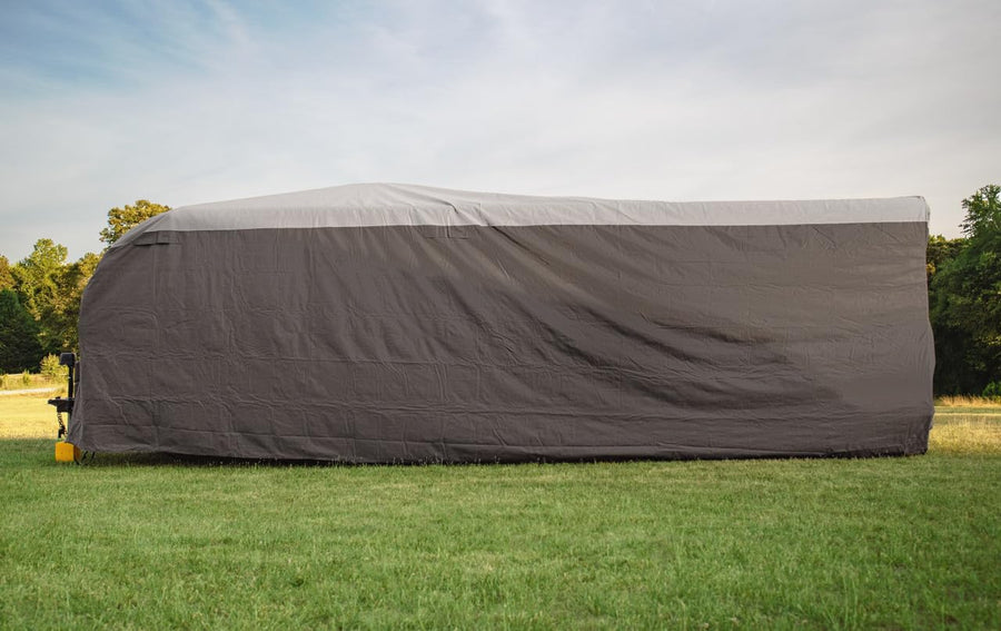 Camco 22-24-Ft ULTRAGuard Travel Trailer/Class C RV Cover - Features Zipper Entry Doors & Covered Air Vents - Crafted of Spunbond Polypropylene - Storage Bag for RV Storage and Organization (45741)