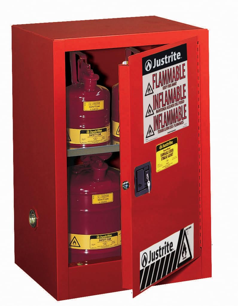 Justrite 12 Gallon Flammable Storage Cabinet Manual Close Countertop, 18 Gauge Steel, 1 Shelf, 1 Door Fire Cabinet, 35" x 23" x 18", Made in The USA, Red, 891201