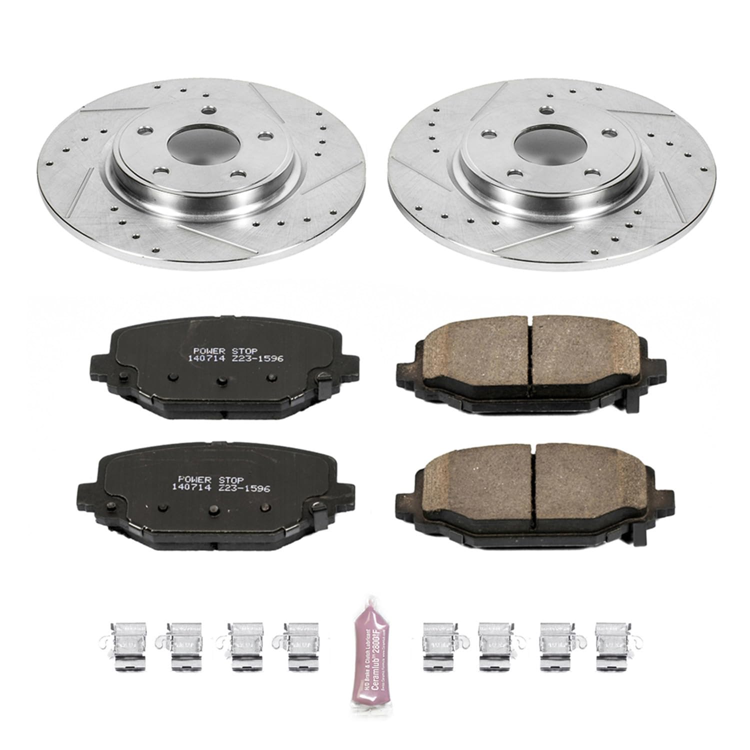 Power Stop K5961 Z23 Carbon Fiber Brake Pads with Drilled & Slotted Brake Rotors Kit For Chrysler Town & Country, Dodge Grand Caravan, Dodge Journey, Ram C/V, VW Routan [Model Specific]