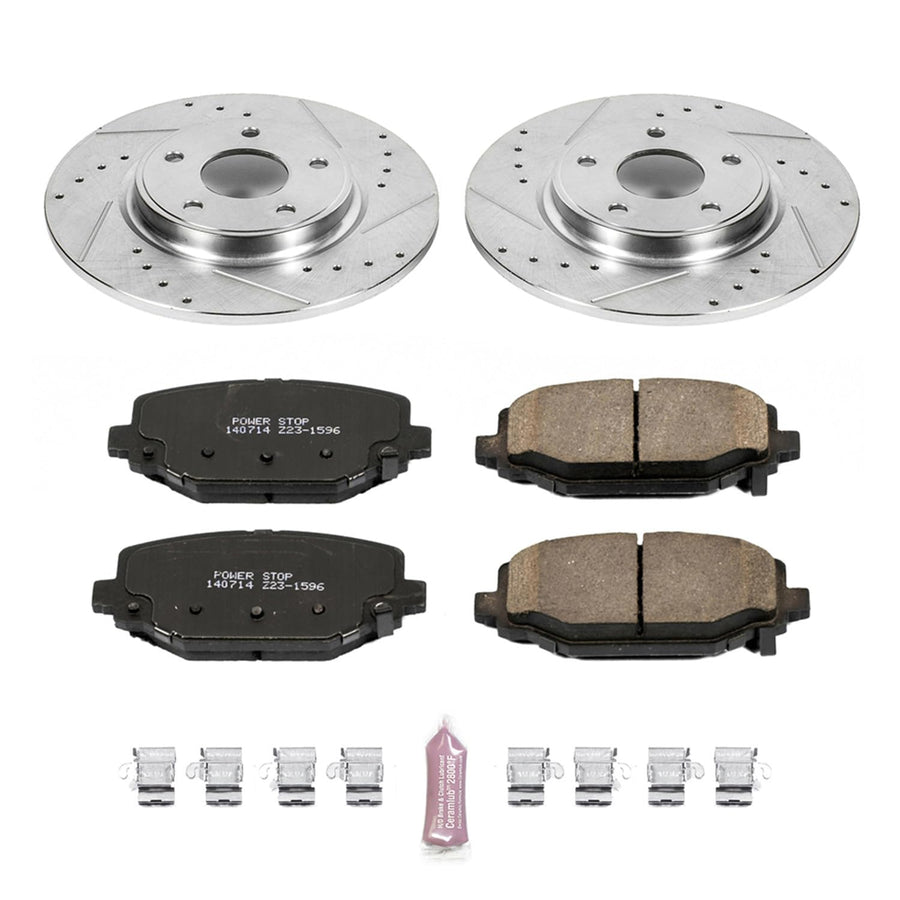 Power Stop K5961 Z23 Carbon Fiber Brake Pads with Drilled & Slotted Brake Rotors Kit For Chrysler Town & Country, Dodge Grand Caravan, Dodge Journey, Ram C/V, VW Routan [Model Specific]