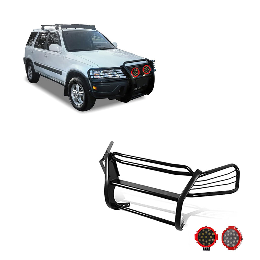 Black Horse Grille Brush Bumper Guard Black Modular Come with Pair of 7.0" Dia.LED Lights with Red Trim Rings Compatible with 1997-2001 Honda CR-V-PG24001MA-PLR