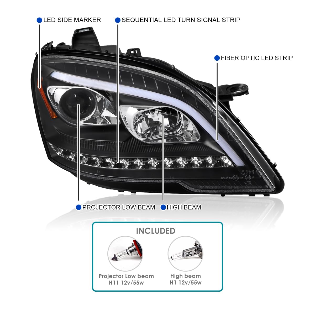 Matte Black SPEC-D TUNING Projector Headlights with LED Sequential Turn Signals Compatible with 2009-2011 Mercedes Benz W164 ML320, Left + Right Pair Headlamp Assembly