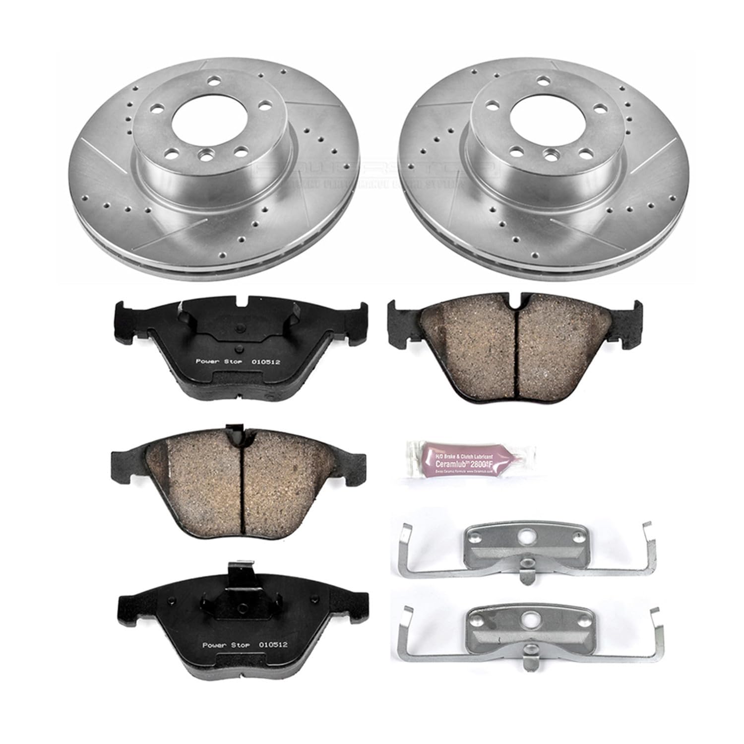 Power Stop K4677 Z23 Carbon Fiber Brake Pads with Drilled & Slotted Brake Rotors Kit and 1 Front Sensor Wire