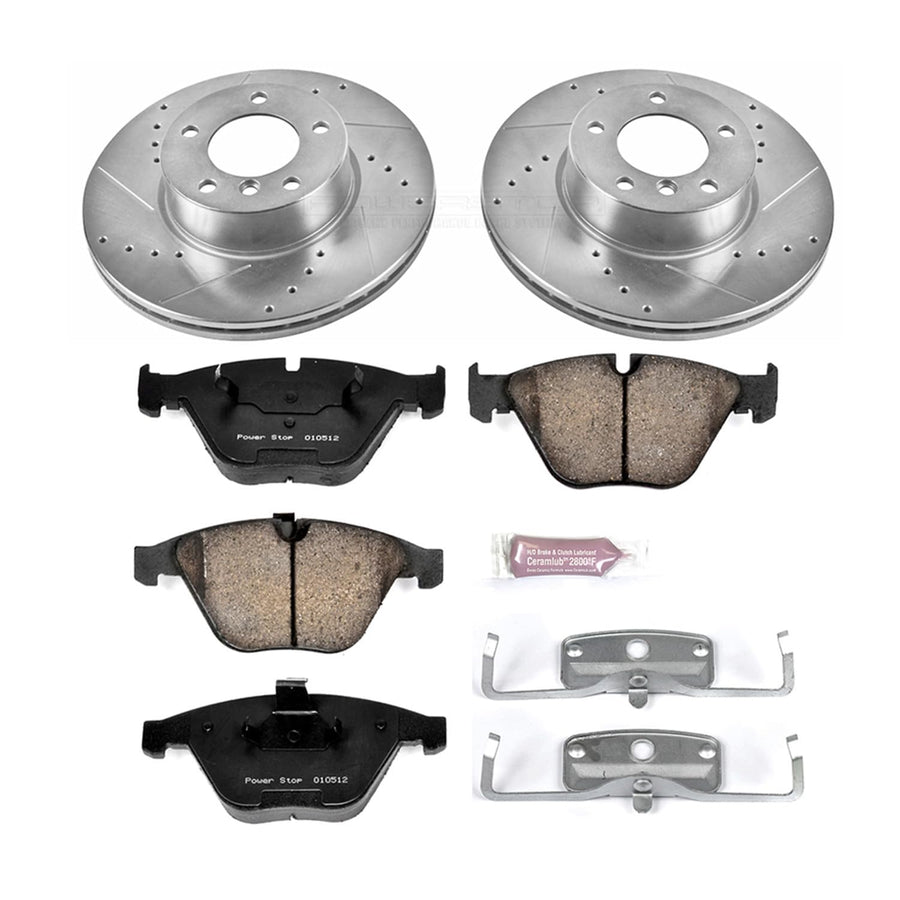 Power Stop K4677 Z23 Carbon Fiber Brake Pads with Drilled & Slotted Brake Rotors Kit and 1 Front Sensor Wire