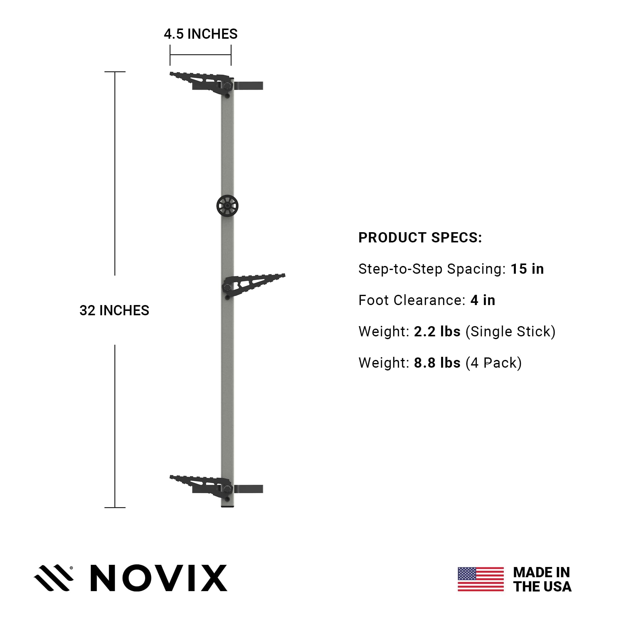 Single-Step NOVIX Tree Climbing Sticks (4 Pack) - 32” Aluminum Climbing Sticks w/VersaStraps - Tree Stand Climbing Sticks. Level on Crooked Trees for treestand Hunting - Made in USA - Classic