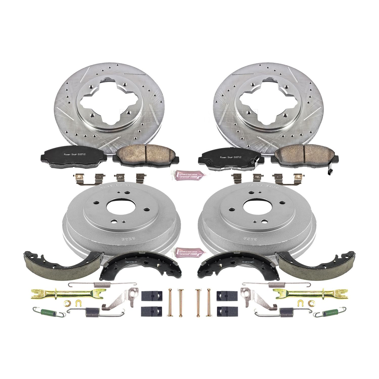 Power Stop K15105DK Z23 Carbon Fiber Brake Pads Front and Rear with Drilled & Slotted Brake Drums Kit For Honda Accord 1990-1997 [Model Specific]