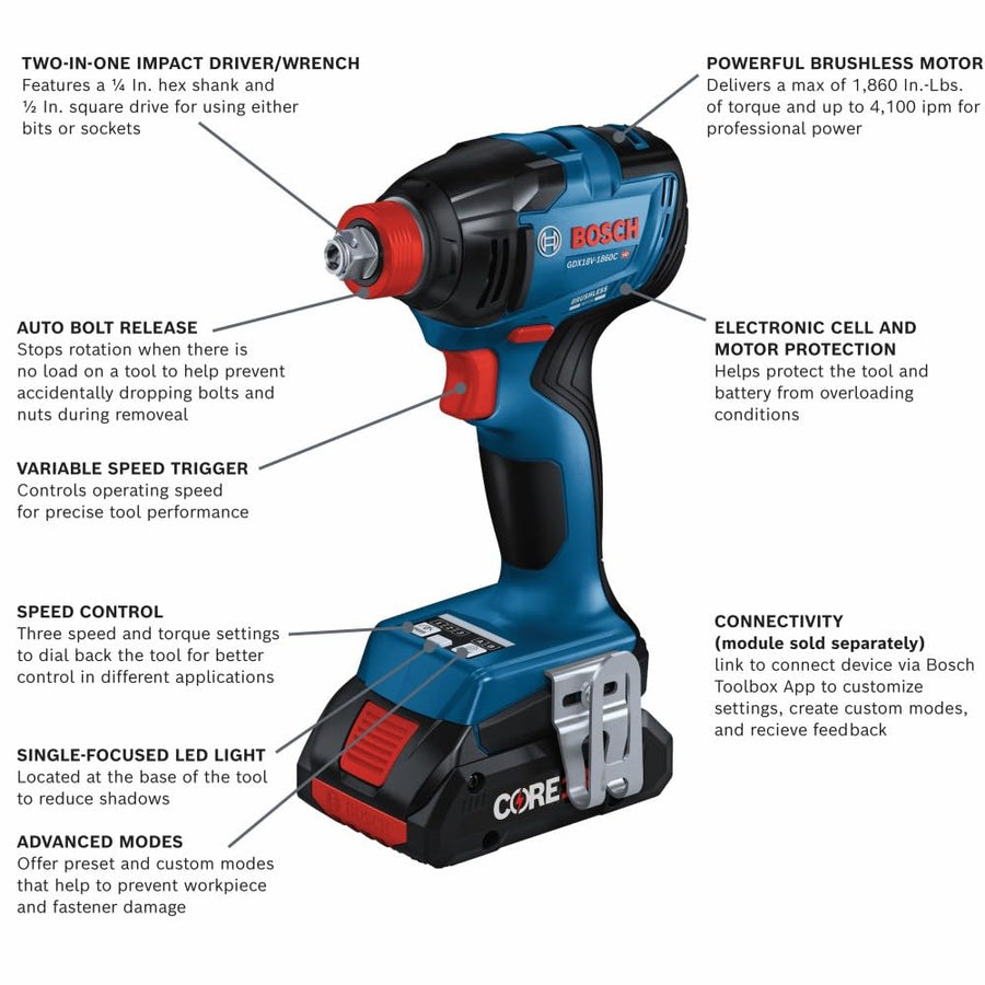Bosch GDX18V-1860CB25 18V Two-In-One Connected-Ready 1/4 In. and 1/2 In. Bit/Socket Impact Driver/Wrench Kit with (2) CORE18V® 4 Ah Advanced Power Batteries and (1) Connectivity Module