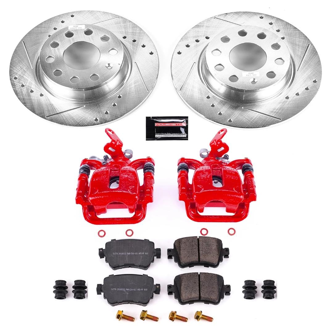 Power Stop Z23 Evolution Rear Brake Kit-Drilled/Slotted Rotors, Brake Pads & Calipers Carbon Ceramic For VW GTI, VW Golf, VW Golf Alltrack, VW Golf SportWagen, VW Passat [Model Specific]