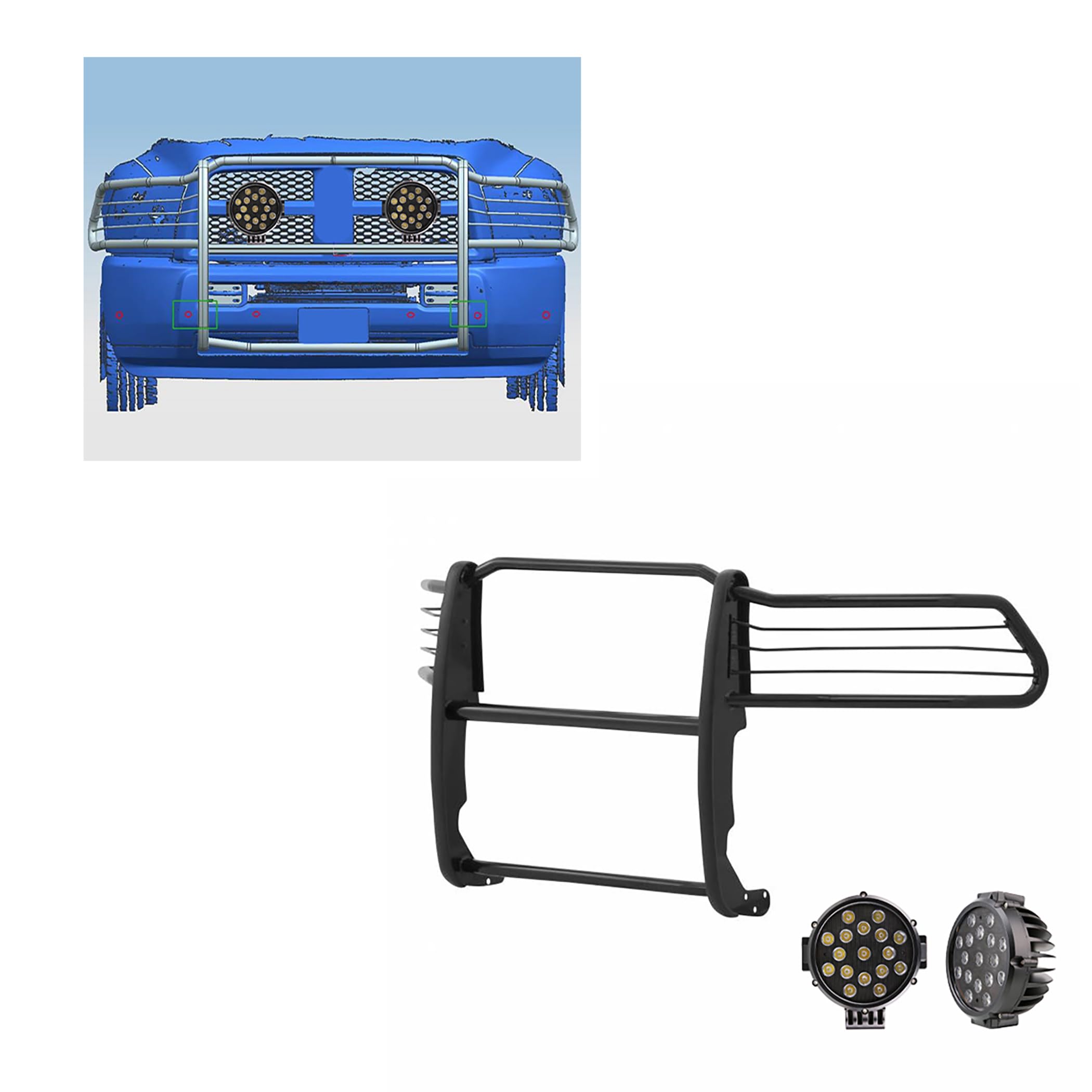 Bumper Guard Black Horse Grille Brush Modular Black Come with Pair of 7.0" Dia.LED Lights with Black Trim Rings Compatible with 2010-2018 Ram 2500|2011-2018 Ram 3500-17DR01MA-PLB