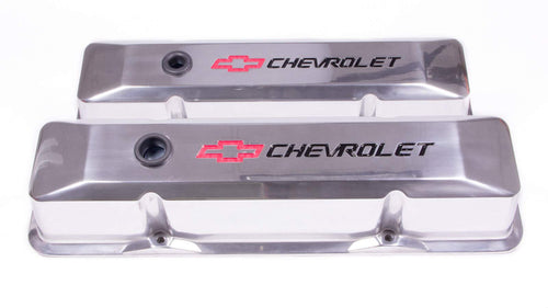 ProForm Tall Valve Cover, Die-Cast, Baffled, Breather Hole, Recessed Chevrolet Bowtie Logo, Aluminum, Polished, Small Block Chevy, Pair (141-108)