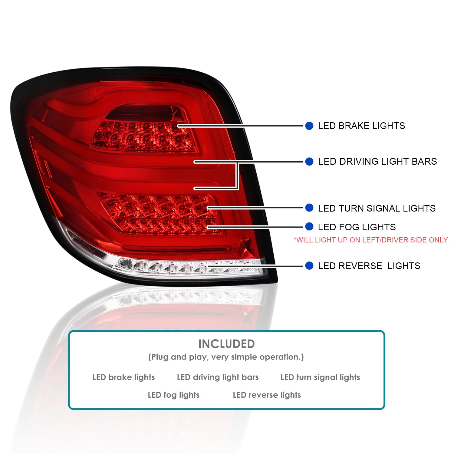 Red LED Bar Tail Lights SPEC-D TUNING Compatible with 2006-2011 Mercedes-Benz W164 ML-Class, Left + Right Pair Assembly