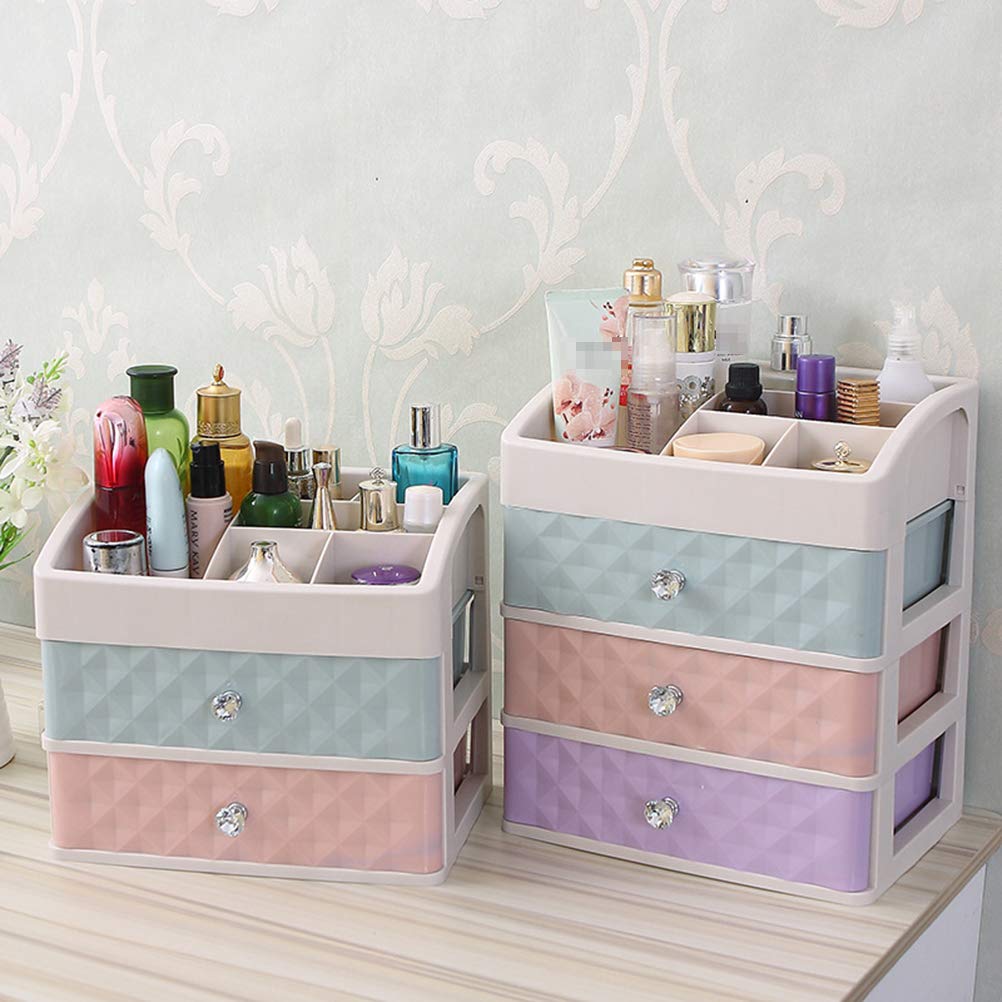 Make Up CABILOCK Organiser 3-Tier Multifunctional Saving Space Desktop Comestics Toiletry Organizer Makeup Storage Box with Drawers (Colorful)