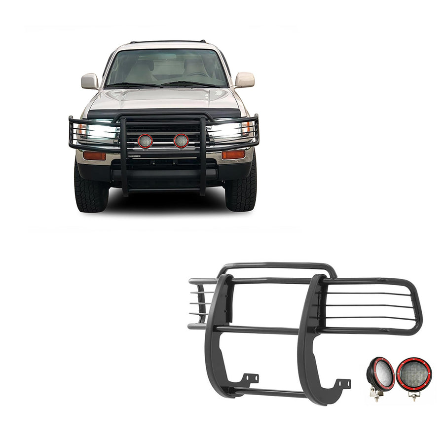 Bumper Guard Black Horse Grille Brush Modular Black Come with Pair of 5.3" Dia.LED Lights with Red Trim Rings Compatible with 1996-1998 Toyota 4Runner|1998-2000 Toyota Tacoma-17T80202MA-PLFR