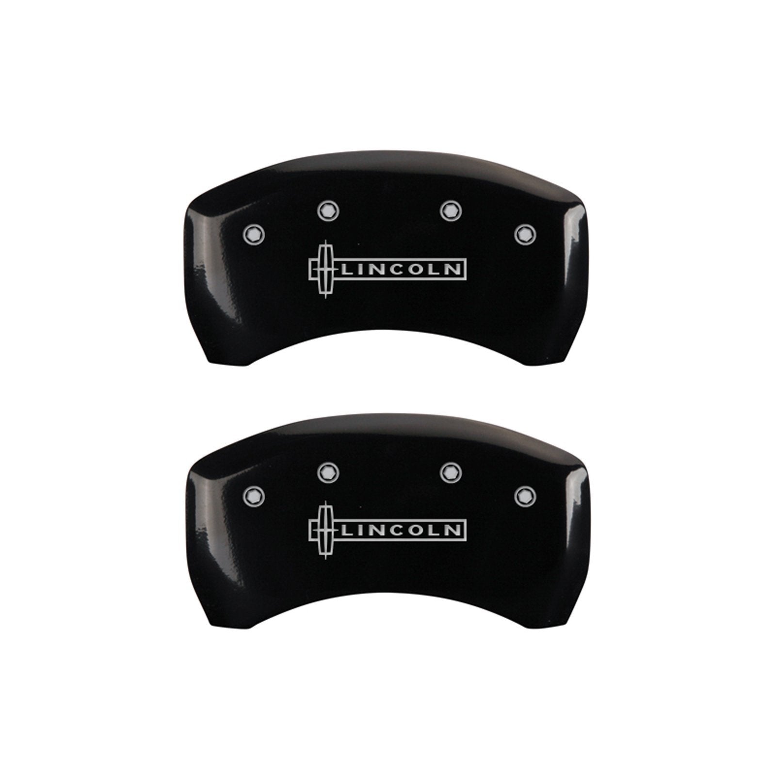 MGP 36020SLCNBK Caliper Covers Black Powder Coat Finish Front and Rear Caliper Cover, Set of 4 (Lincoln Silver Characters, Engraved)