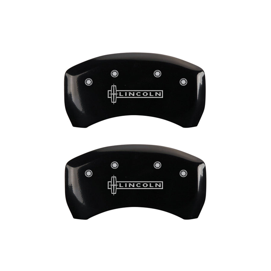 MGP 36020SLCNBK Caliper Covers Black Powder Coat Finish Front and Rear Caliper Cover, Set of 4 (Lincoln Silver Characters, Engraved)