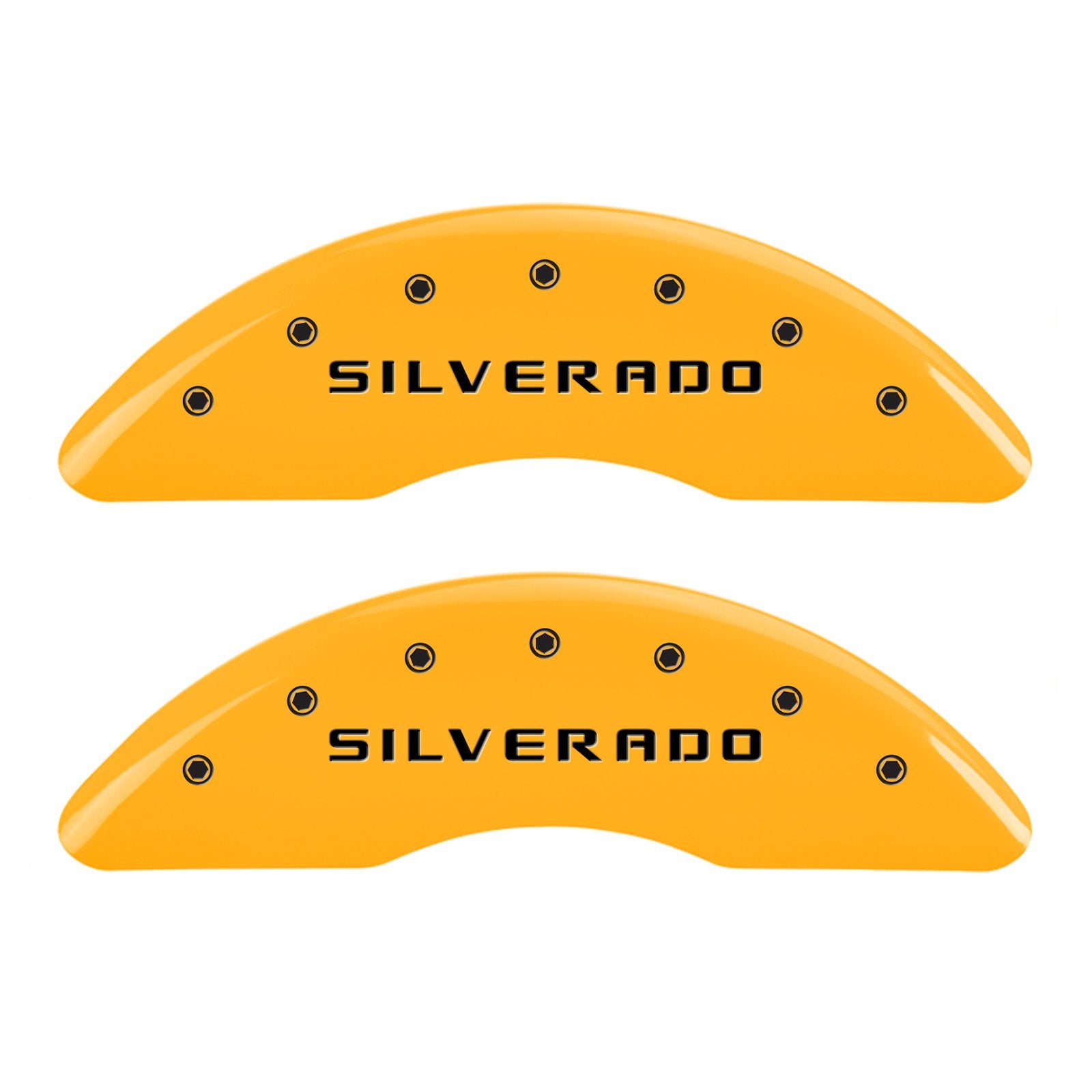 Caliper Covers MGP 14173SSILYL Yellow (Set of 4, Engraved Front and Rear: Silverado, Yellow powder coat finish, black characters)