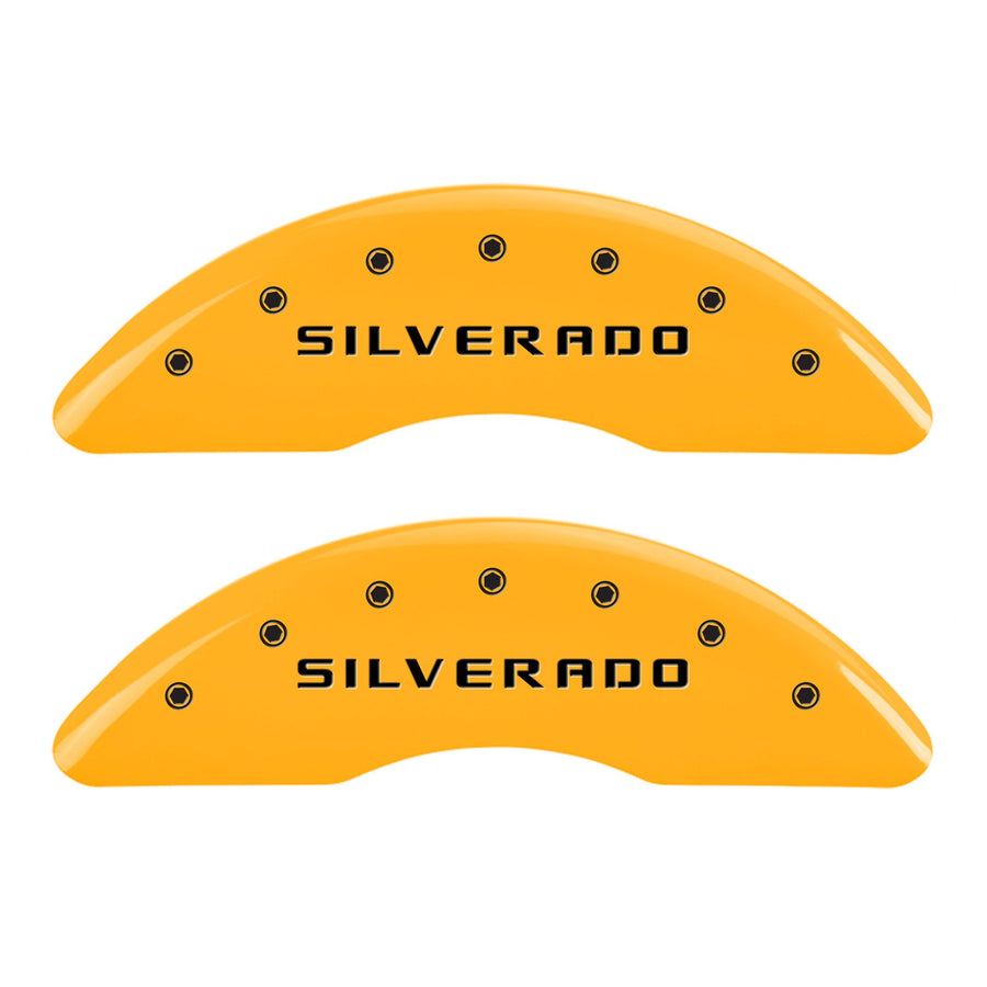 Caliper Covers MGP 14173SSILYL Yellow (Set of 4, Engraved Front and Rear: Silverado, Yellow powder coat finish, black characters)