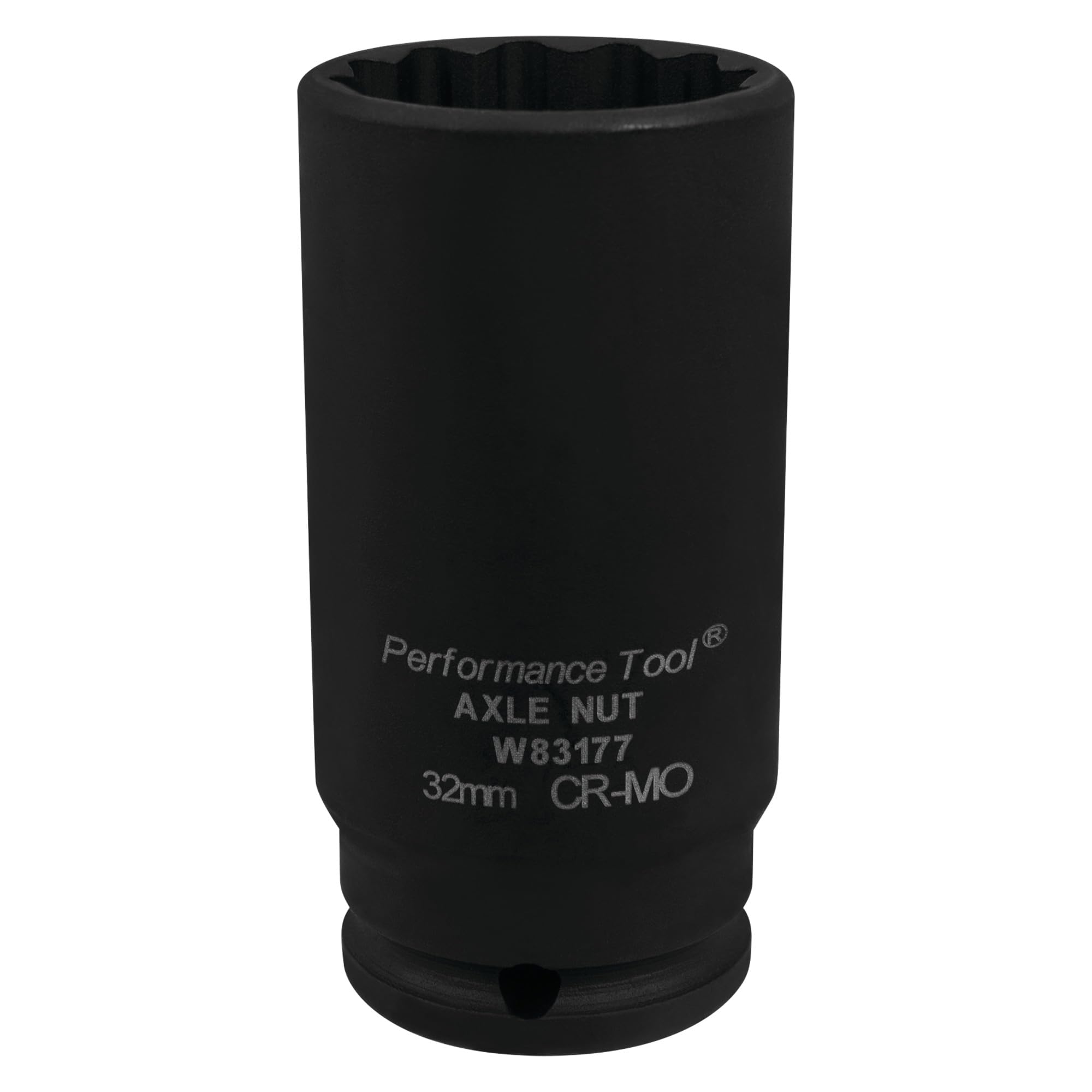 32MM Performance Tool W83177 Chrome Moly Axle Nut Socket for 6pt and 12pt Axle Nuts, Extra Deep Broach for Clearance, Designed for Air Impact Tool