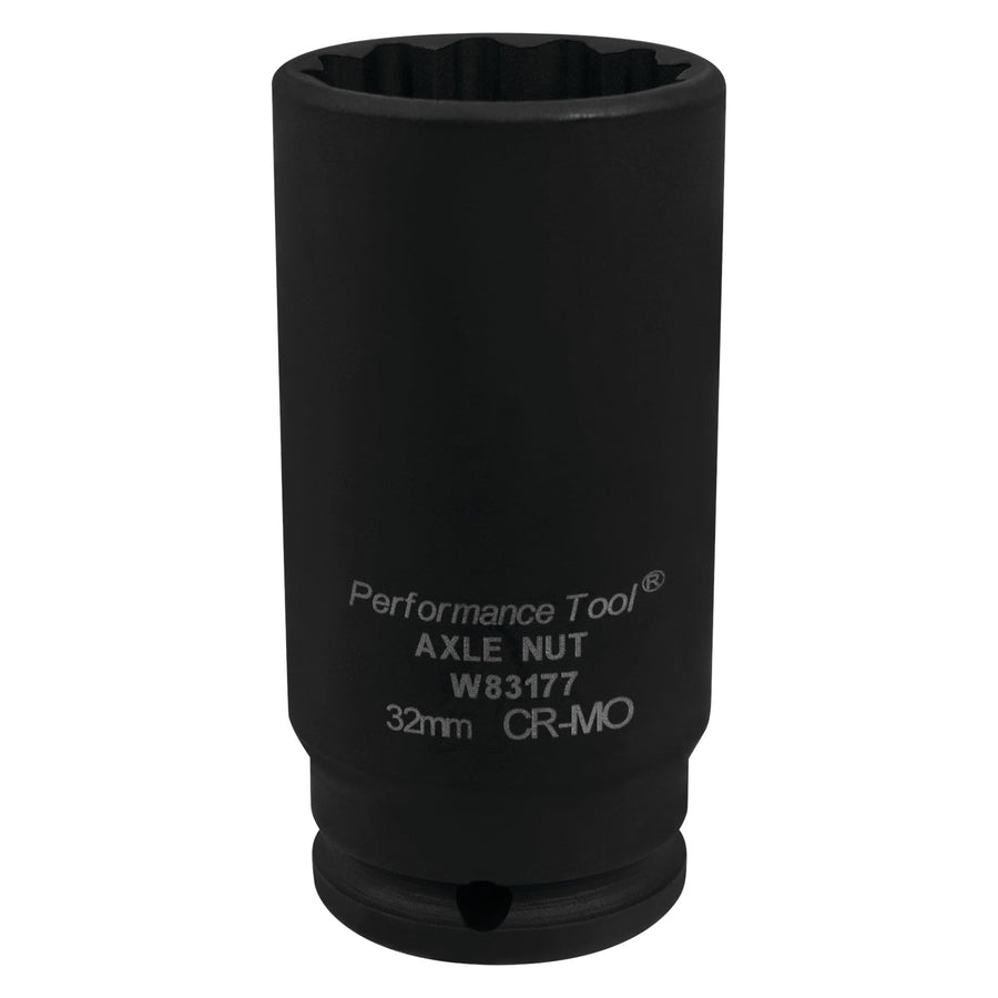 32MM Performance Tool W83177 Chrome Moly Axle Nut Socket for 6pt and 12pt Axle Nuts, Extra Deep Broach for Clearance, Designed for Air Impact Tool