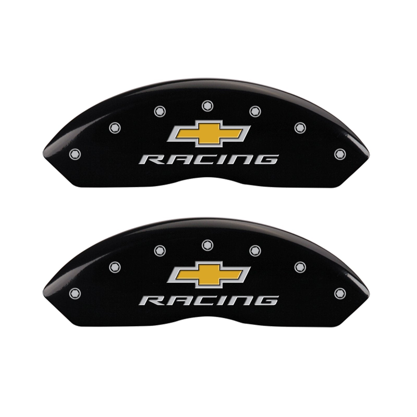 Caliper Covers MGP 13013SBRCBK (Black Powder Coat Finish, Engraved Front and Rear: Chevy racing, Silver Characters, Set of 4)