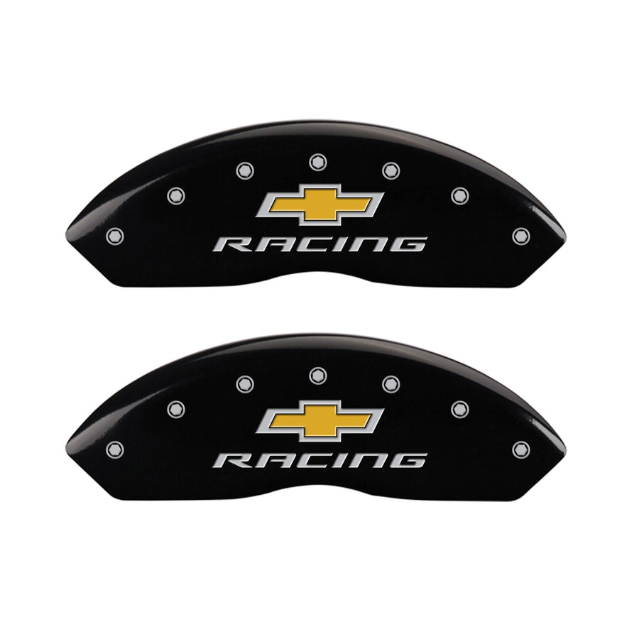 Caliper Covers MGP 13013SBRCBK (Black Powder Coat Finish, Engraved Front and Rear: Chevy racing, Silver Characters, Set of 4)
