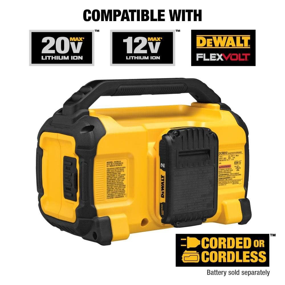 DEWALT Bluetooth Speaker 20V MAX, 100 ft Range, Durable for Jobsites, Phone Holder Included, Lasts 8-10 Hours with Single Charge (DCR010)