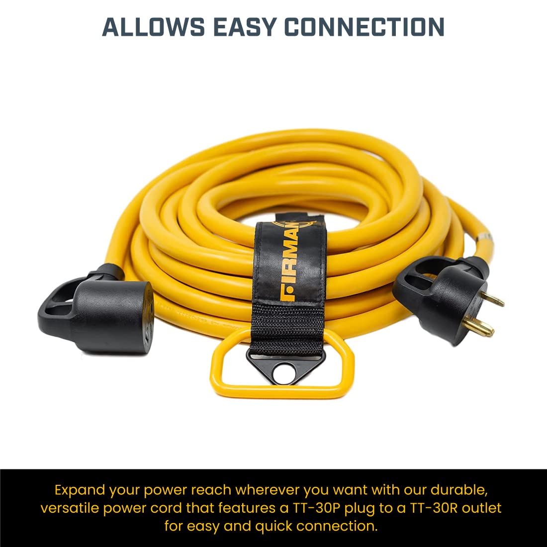 Power Cord Firman with Storage Strap, 10AWG, 30 AMP Wiring, Fully Insulated RV Extension Cord, TT-30P Plug to TT-30R Outlet, Pack of 1, 25 ft.