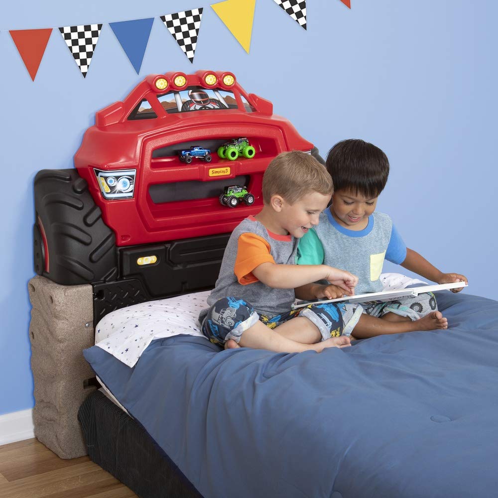 Monster Truck Simplay3 Headboard, Twin Size Plastic Car Bed Headboard for Kids, Toddlers and Boys with Toy Car Storage - Red, Made in USA