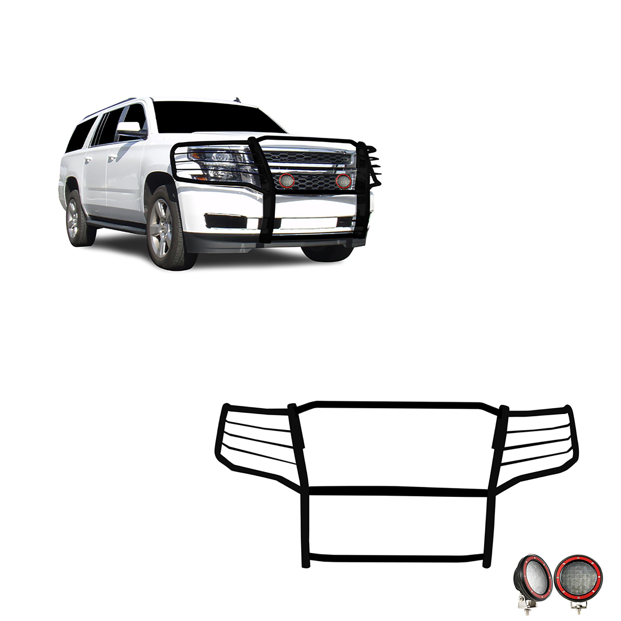 Black Horse Grille Brush Bumper Guard Black Modular Come with Pair of 5.3" Dia.LED Lights with Red Trim Rings Compatible with 2015-2023 Chevrolet Suburban |2015-2023 Chevrolet Tahoe-17GT20MA-PLFR