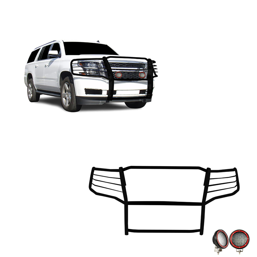 Black Horse Grille Brush Bumper Guard Black Modular Come with Pair of 5.3" Dia.LED Lights with Red Trim Rings Compatible with 2015-2023 Chevrolet Suburban |2015-2023 Chevrolet Tahoe-17GT20MA-PLFR