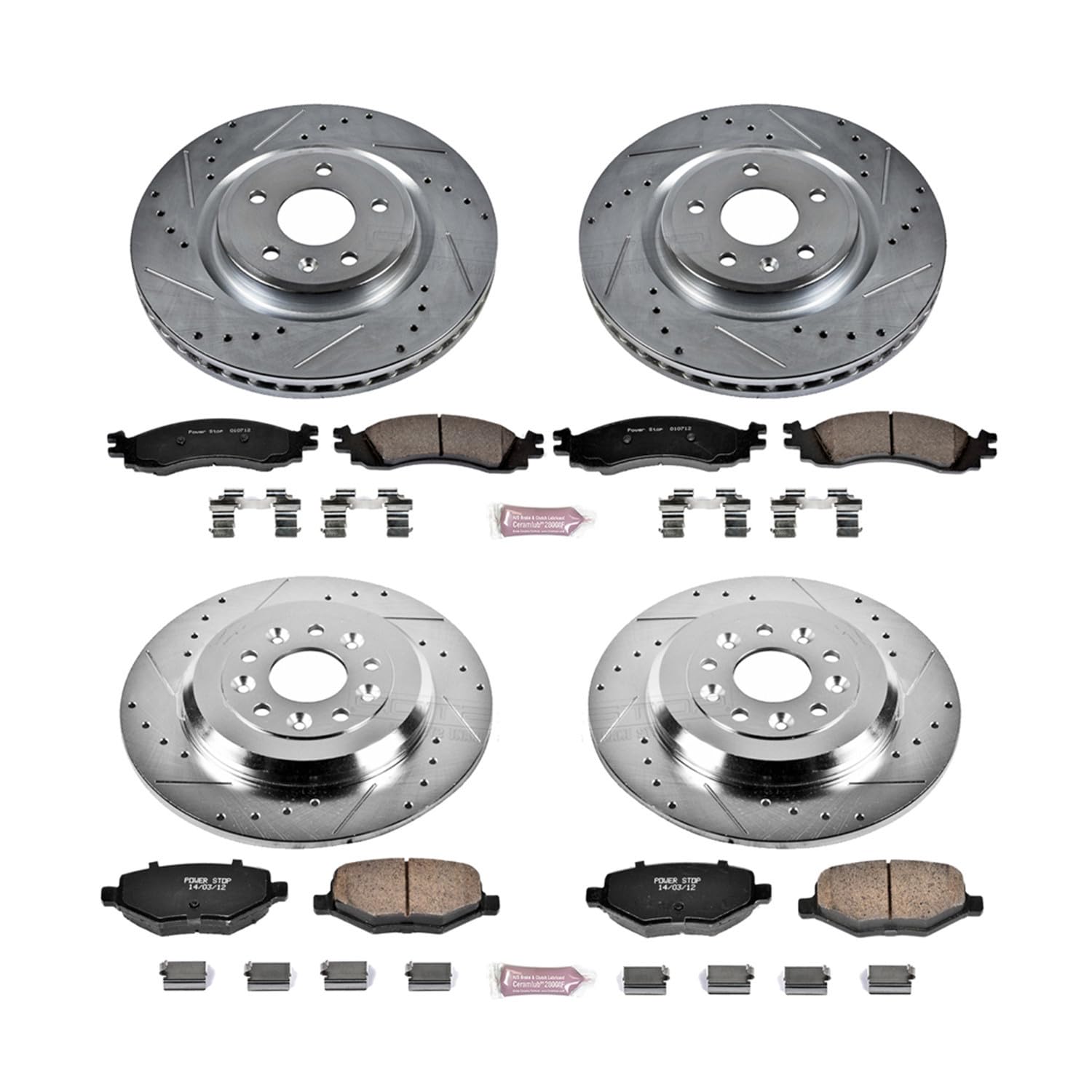Power Stop K5508 Z23 Carbon Fiber Brake Pads Front and Rear with Drilled & Slotted Brake Rotors Kit For Ford Taurus 2010 [Model Specific]