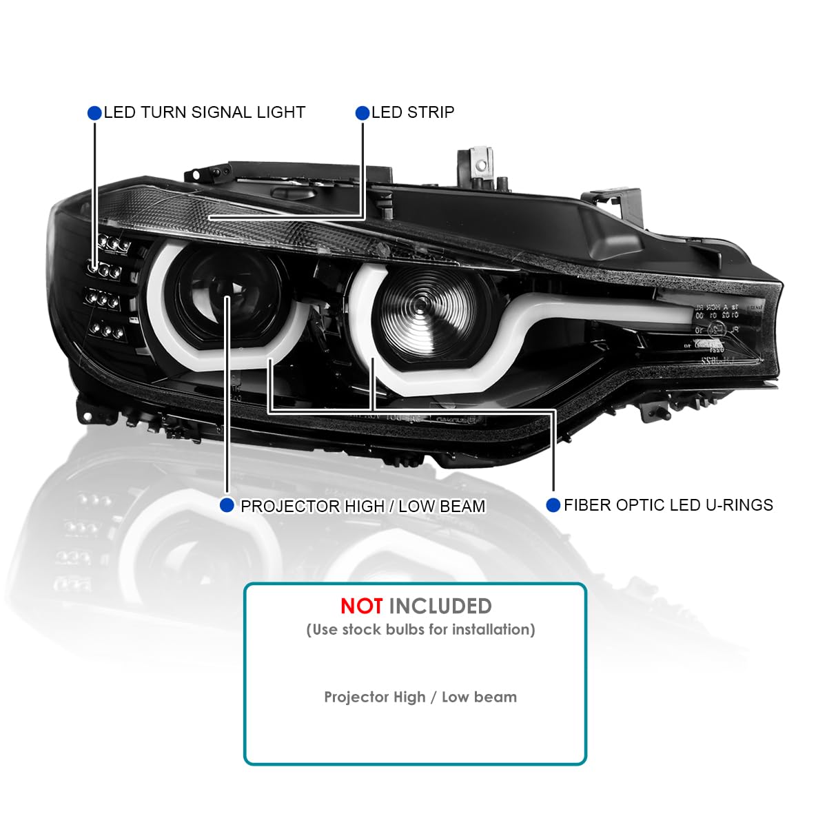 Jet Black SPEC-D TUNING U-Halo Projector Headlights w/LED Strip Compatible with 2012-2015 BMW F30 3-Series Sedan HID Type, Left + Right Pair Headlamps Assembly