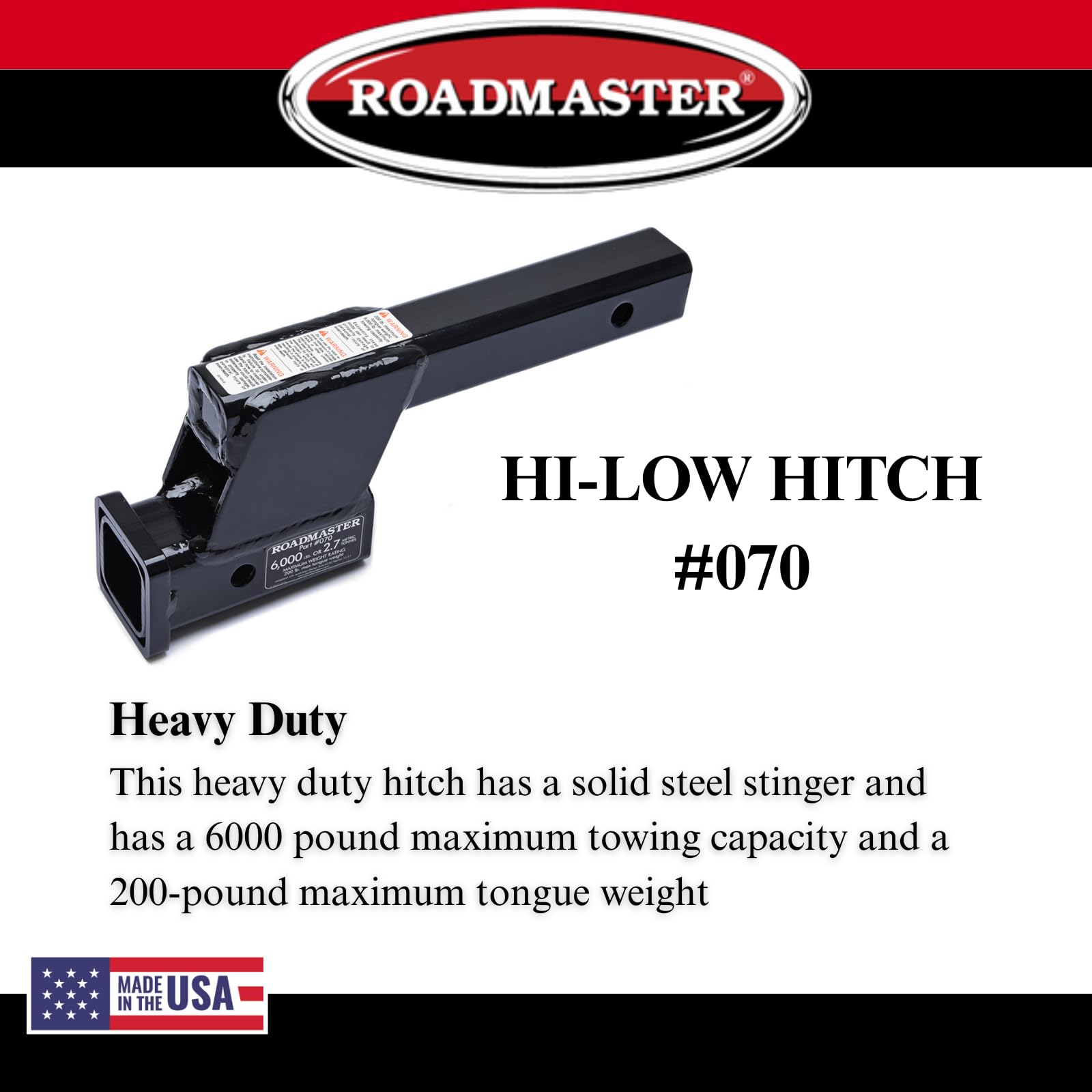 070 Roadmaster Hi-Low Receiver Hitch with 4" Offset fits 2" Receiver Hitch | 6000 lbs Towing Capacity | 200 lbs Max Tongue Weight | Durable Powder Coat Finish | Made in The USA