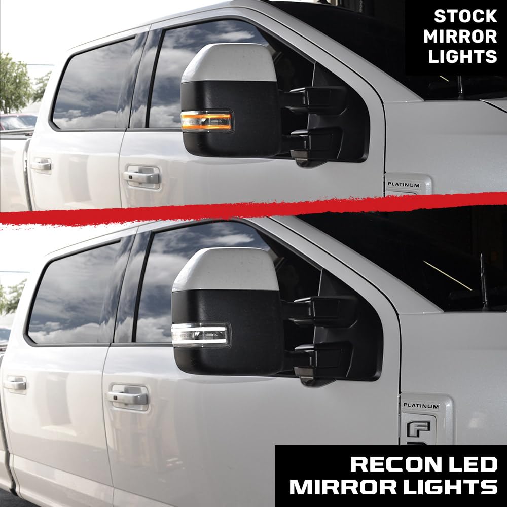 RECON - Side Mirror Lenses Lights Fits 17-25 Ford Super Duty (F250, F350, F450) w/White LED Running Lights, Amber Blinking Turn Signals & White Spot Lights (2-Piece Set)