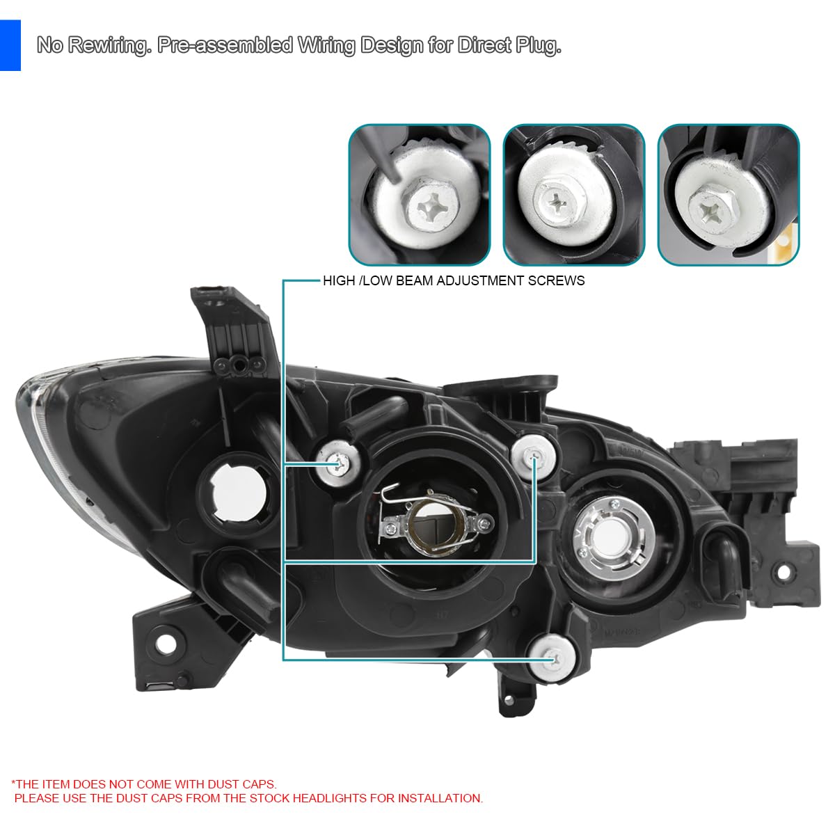 Chrome Halogen Projector Headlights SPEC-D TUNING Compatible with 2004-2009 Mazda 3 4Dr Sedan, Left + Right Pair Headlamps Assembly
