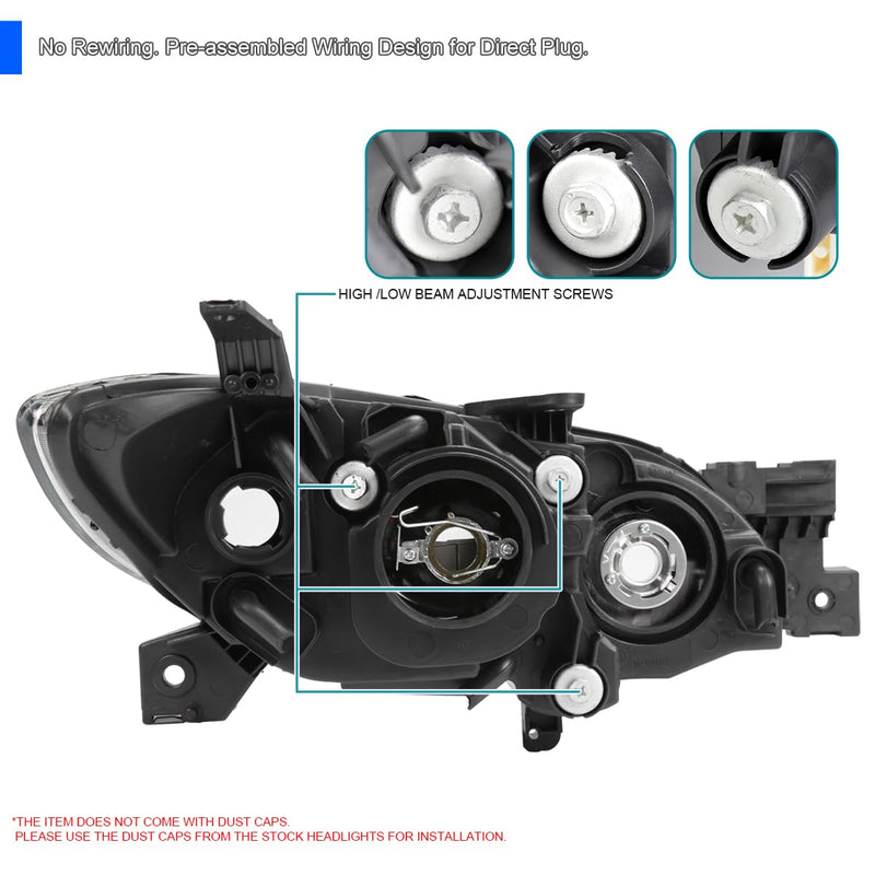 Chrome Halogen Projector Headlights SPEC-D TUNING Compatible with 2004-2009 Mazda 3 4Dr Sedan, Left + Right Pair Headlamps Assembly