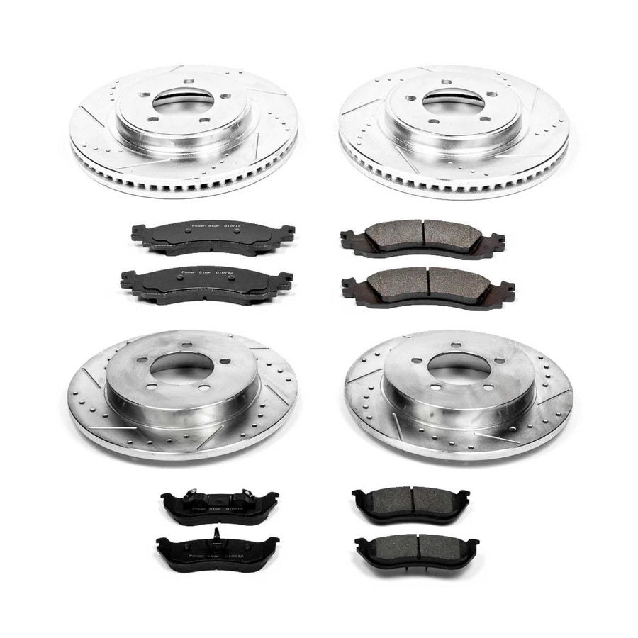 Power Stop K2721 Z23 Carbon Fiber Brake Pads Front and Rear with Drilled & Slotted Brake Rotors Kit For Mercury Mountaineer 2006 [Model Specific]