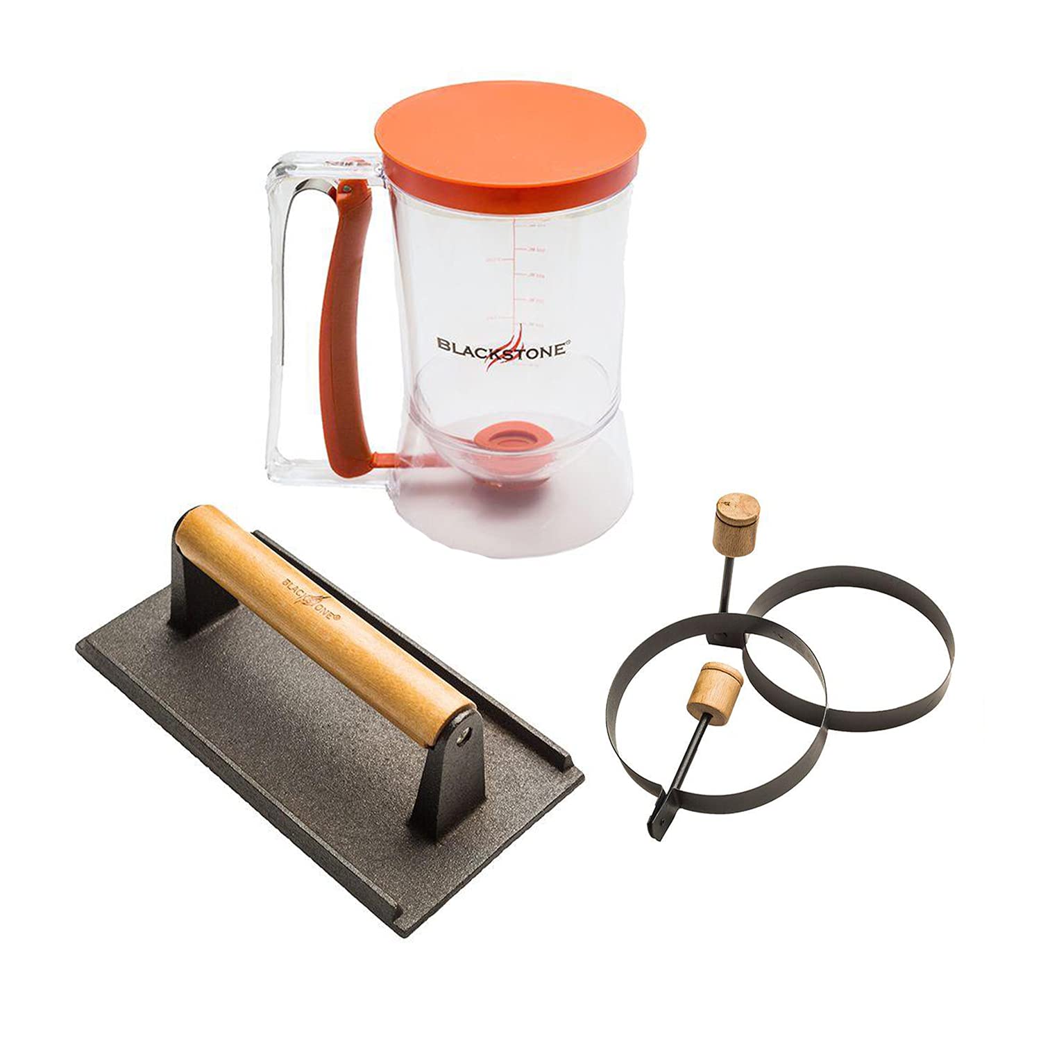Outdoor Griddle Blackstone 1543 Breakfast Preparation Kit with Pancake Batter Dispenser, Cast Iron Bacon Press, and 2 Non Stick Steel Egg Rings