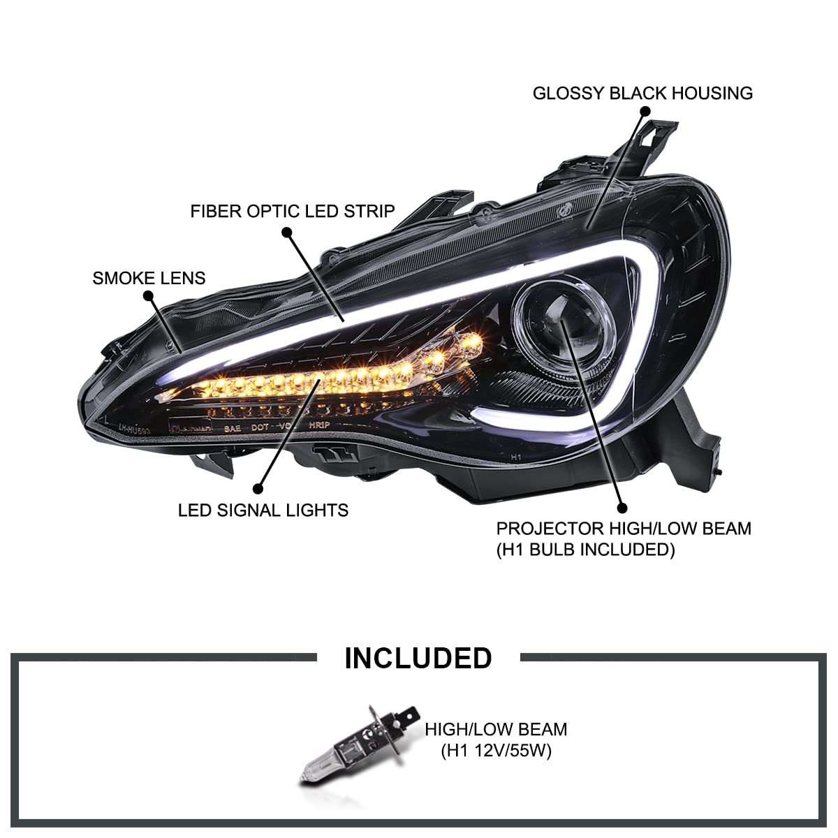 Black Smoke LED Tube Projector Headlights SPEC-D TUNING Compatible with 2013-2016 Scion FR-S FRS with Factory Halogen Headlights Left + Right Headlamps Assembly