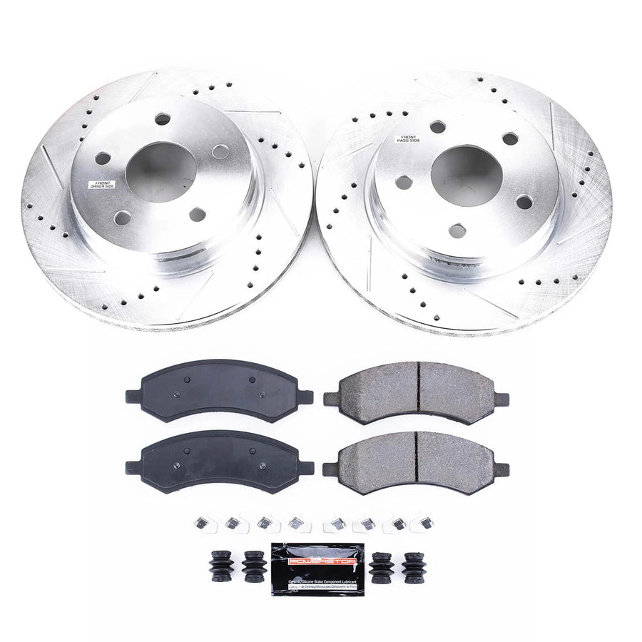 Power Stop K2163 Brake Kit For 2007 2008 Chrysler Aspen | 2007-2009 Dodge Durango | 2006-2022 Dodge Ram 1500 5 Lug and Drilled Slotted Z23 Carbon-Fiber Ceramic Brake Pads
