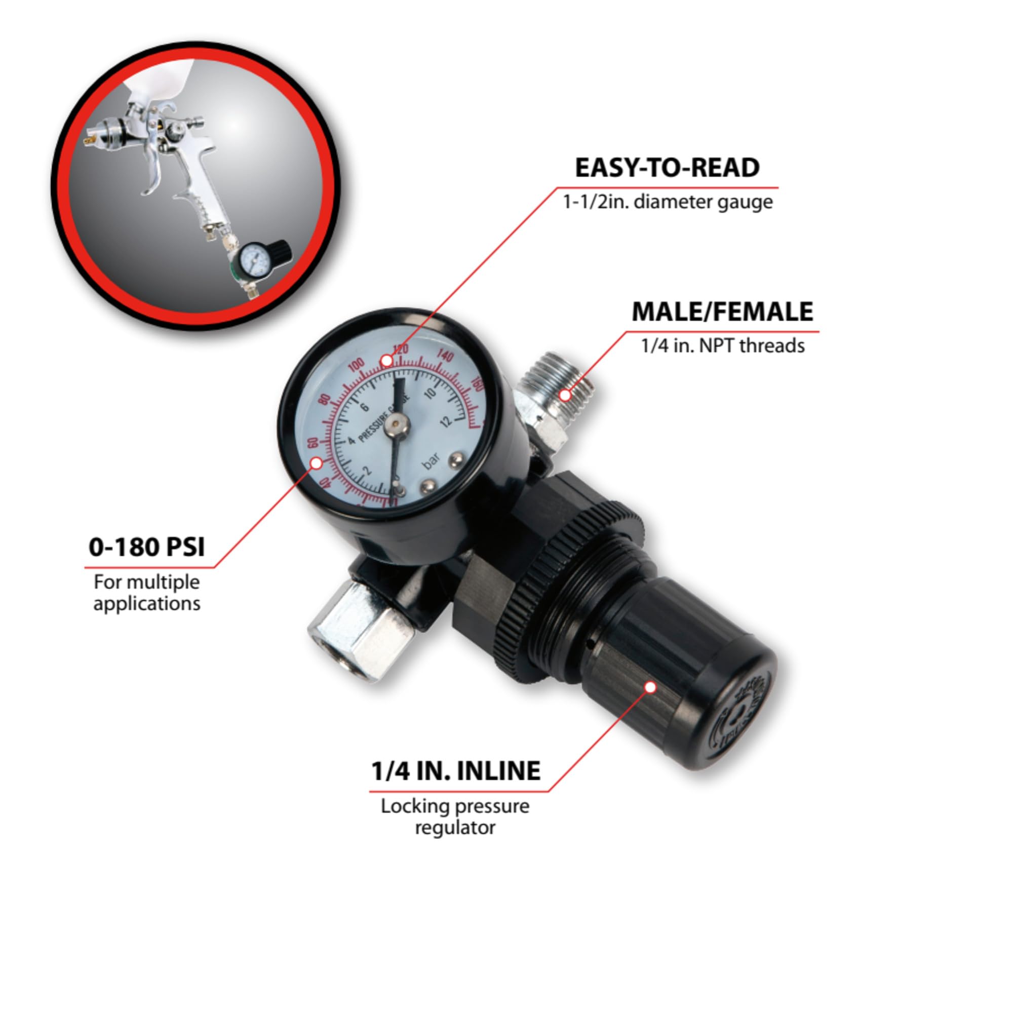 M688 Performance Tool Inline Locking Pressure Regulator with Gauge for Conventional and HVLP Spray Guns - 1/4 NPT, 0-180 PSI