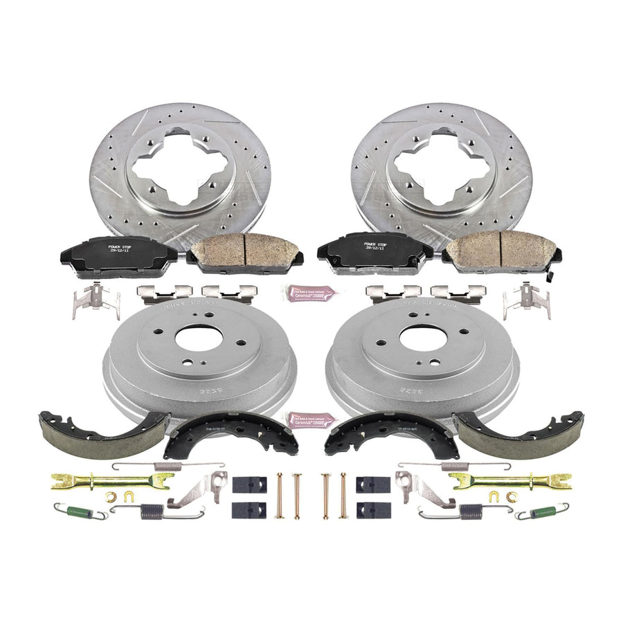 Power Stop K15104DK Z23 Carbon Fiber Brake Pads Front and Rear with Drilled & Slotted Brake Drums Kit For Honda Accord 1990-1993 [Model Specific]