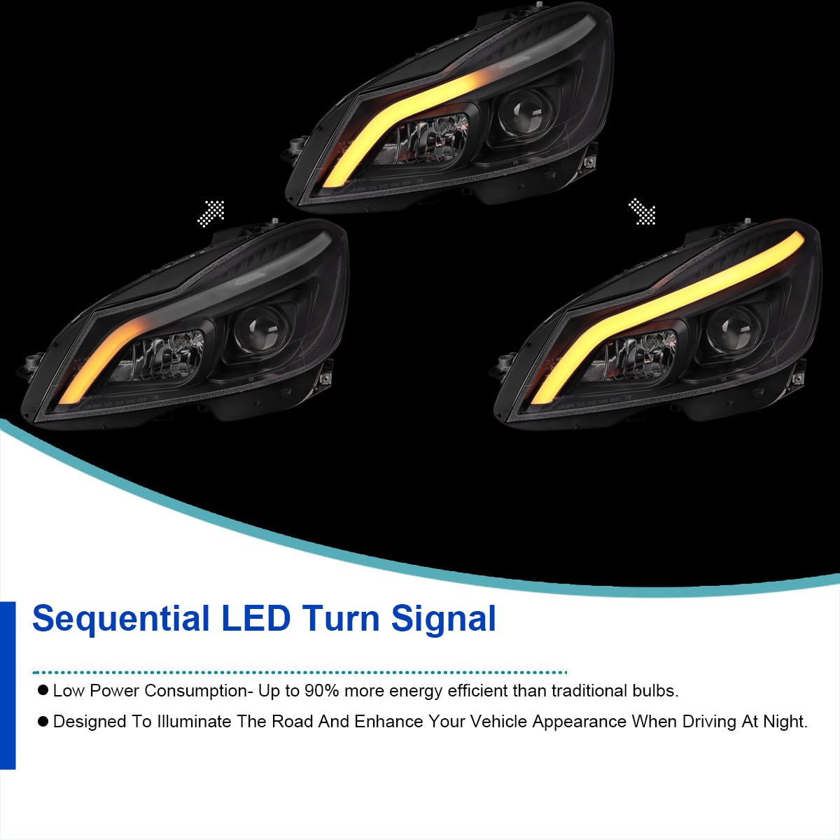 Switchback SPEC-D TUNING Black Sequential LED Tube Projector Headlights Compatible with 2012-2014 Mercedes-Benz W204 C-Class C250 C300 C350 C63, Left + Right Pair Headlamps Assembly