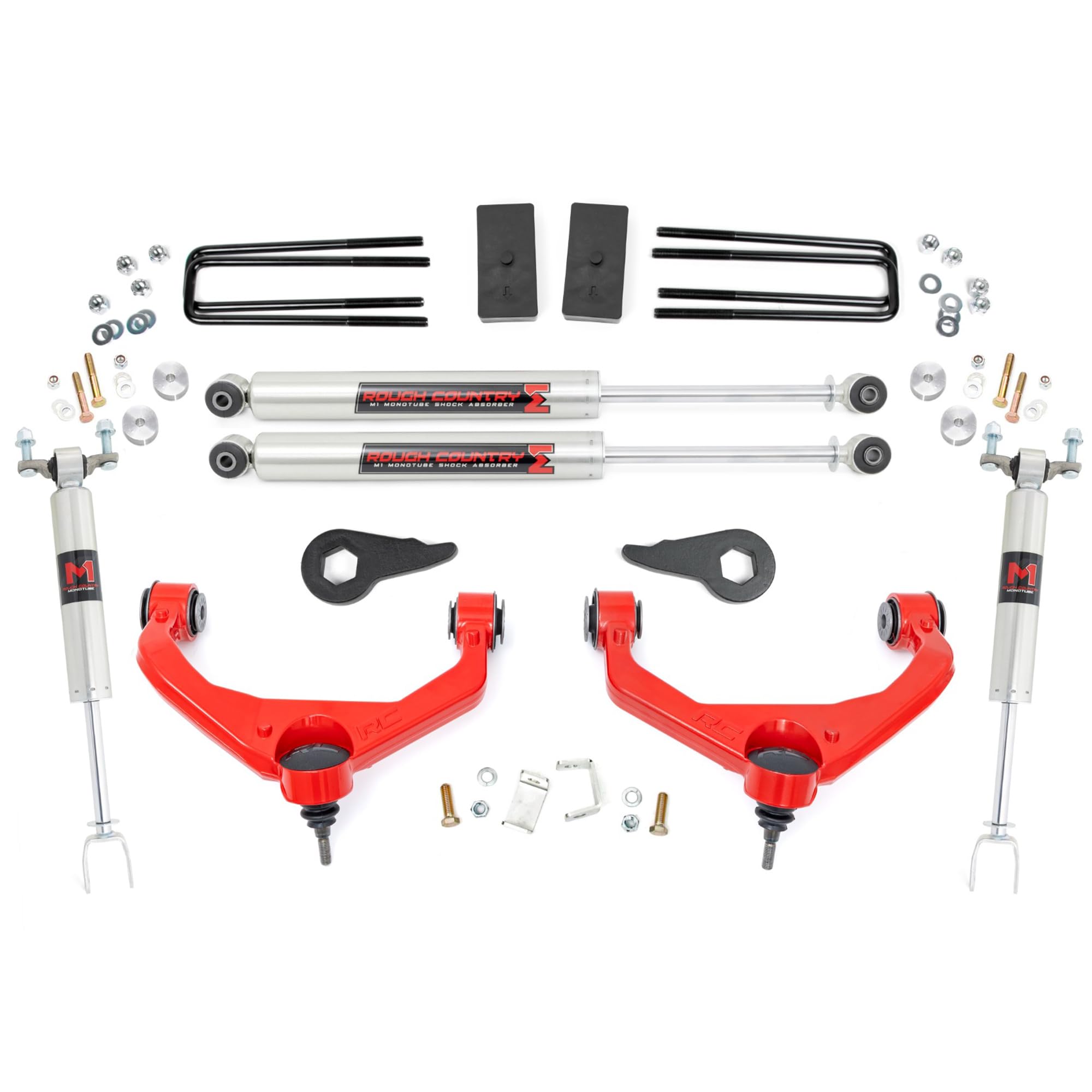 3.5" Lift Kit Rough Country w/M1 Shocks for Chevy Silverado & GMC Sierra 2500HD/3500HD (2011-2019 with Factory Rear Overload Springs) - Red Control Arms