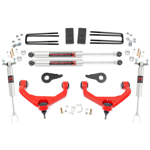 3.5" Lift Kit Rough Country w/M1 Shocks for Chevy Silverado & GMC Sierra 2500HD/3500HD (2011-2019 with Factory Rear Overload Springs) - Red Control Arms